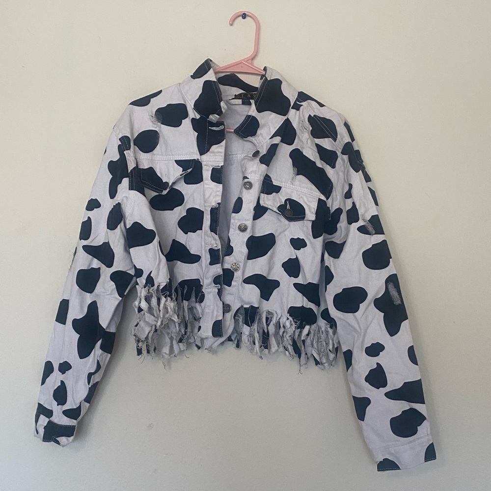 Black and White Cow Print Fringe Jacket
